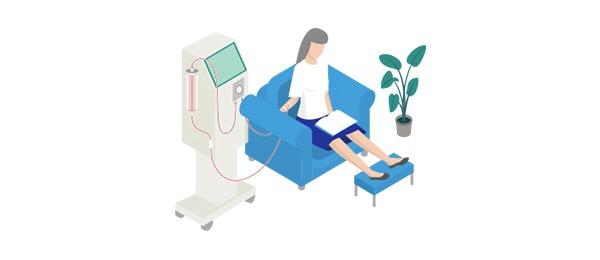 Home hemodialysis patient reading a book on a blue chair during home HD therapy